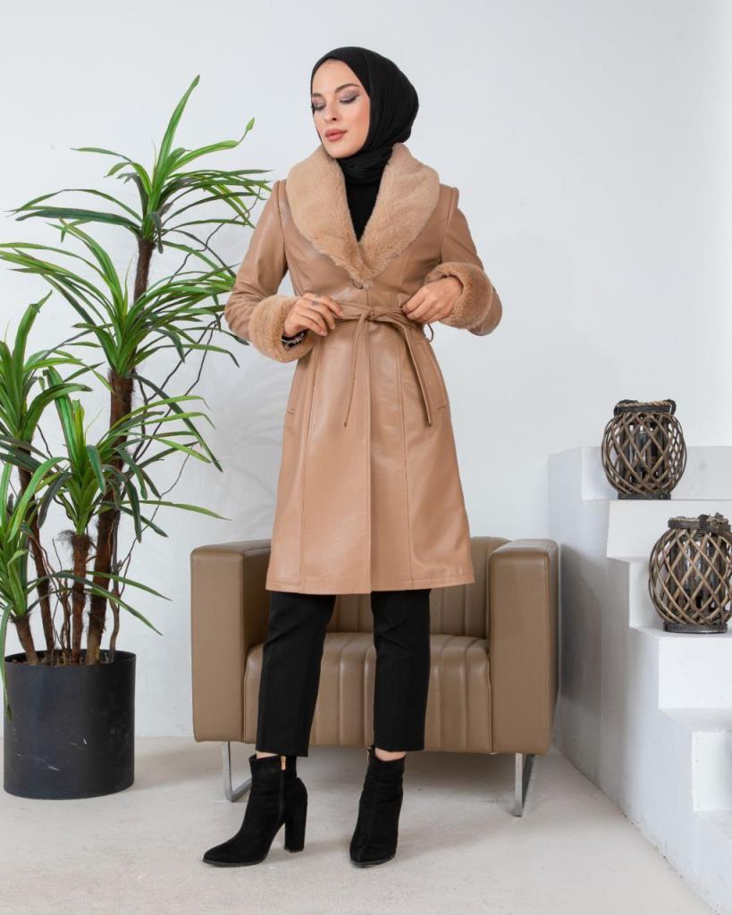 New season women's winter leather trench coat fur collar model 9004 - AÇIK KAHVE