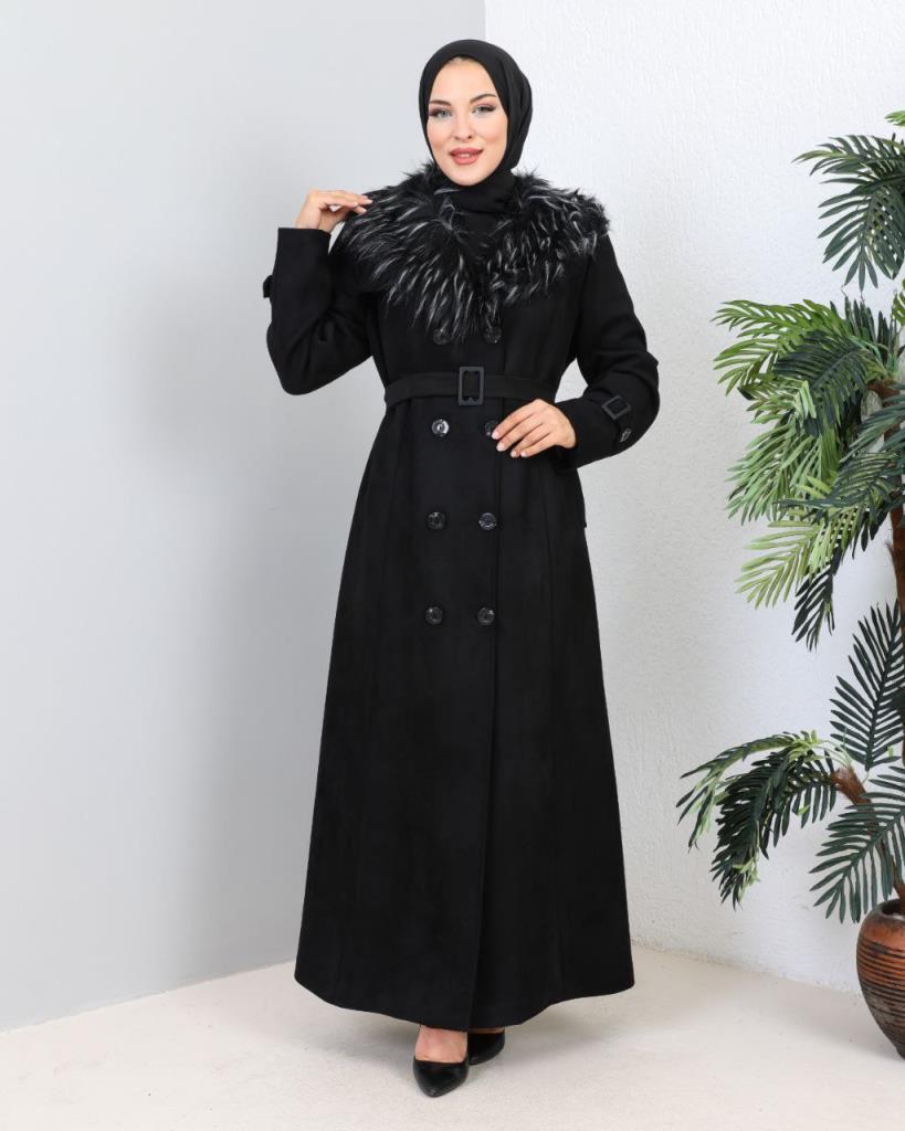 new season women's winter long coat fur collar removable collar model 9021 - Black