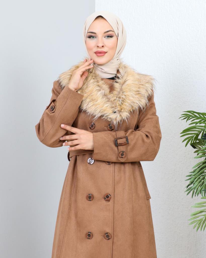 new season women's winter long coat fur collar removable collar model 9021 - AÇIK KAHVE