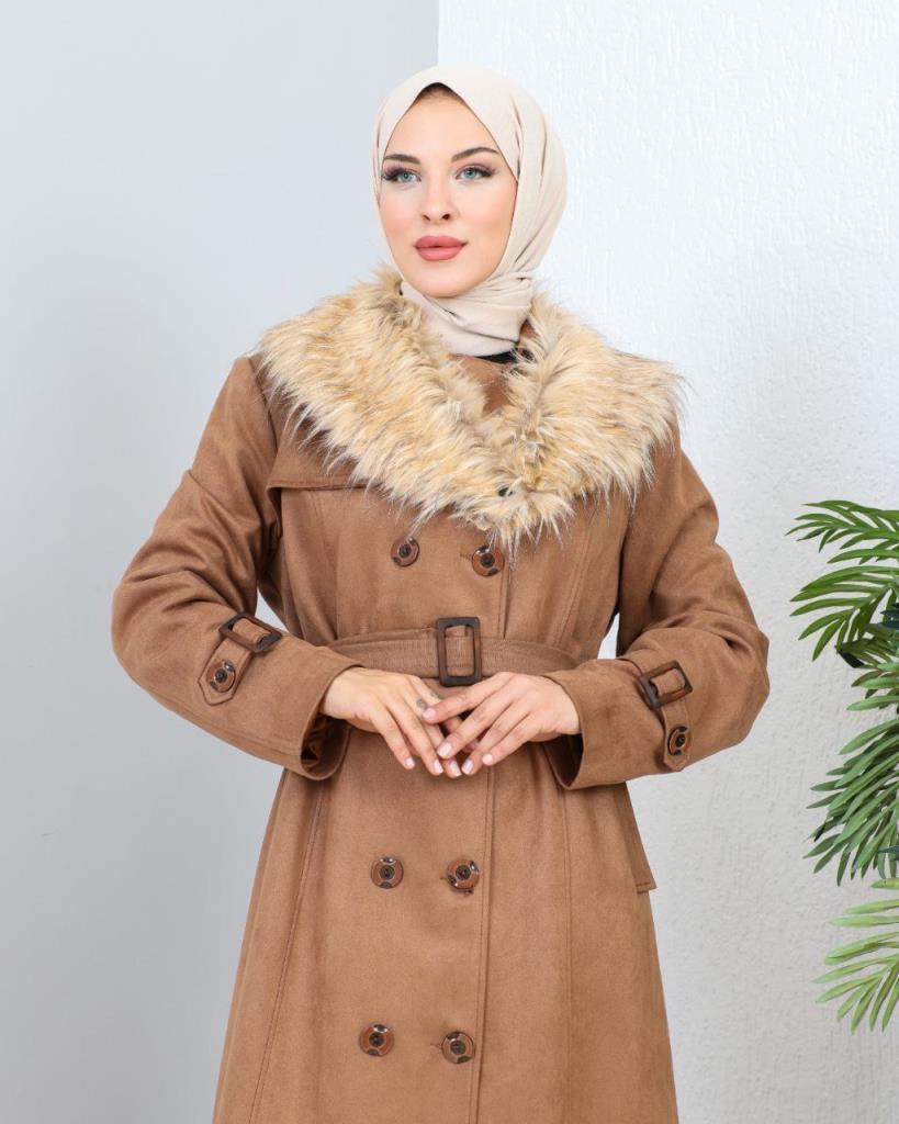 new season women's winter long coat fur collar removable collar model 9021 - AÇIK KAHVE