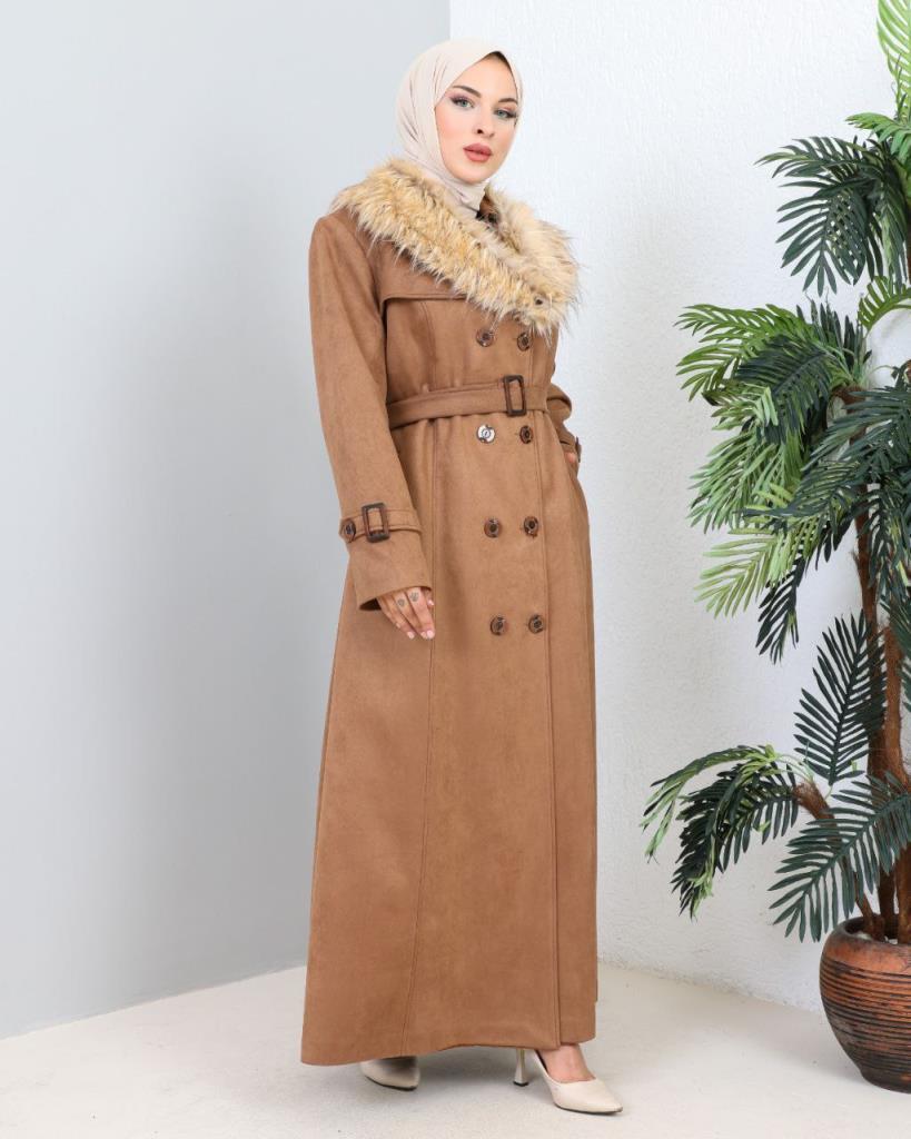 new season women's winter long coat fur collar removable collar model 9021 - AÇIK KAHVE