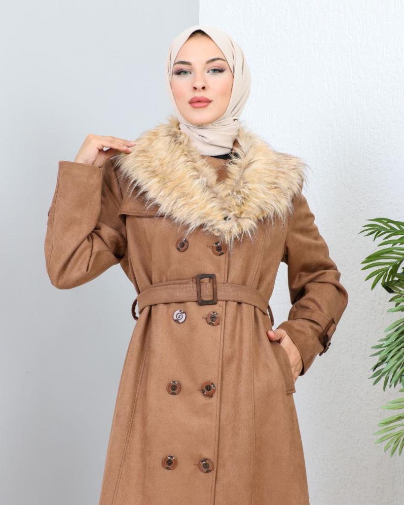 new season women's winter long coat fur collar removable collar model 9021 - AÇIK KAHVE