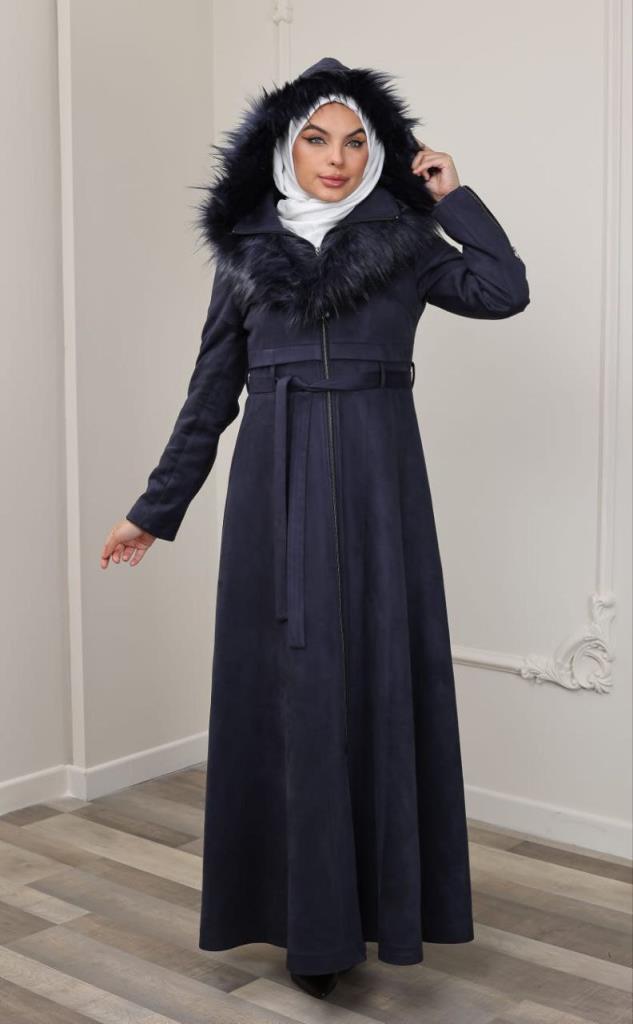 New season women's winter oversized coat with fur collar and double pockets model 9023 - Navy Blue