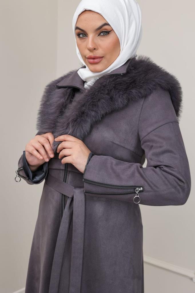 New season women's winter oversized coat with fur collar and double pockets model 9023 - Gray