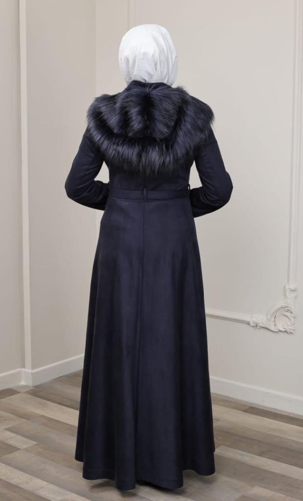 New season women's winter oversized coat with fur collar and double pockets model 9023 - Navy Blue