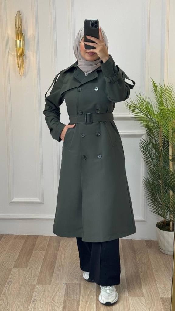 Elegant trench coat for veiled women, with a long cut and a belt, ideal for formal looks, Model 1257 - Khaki