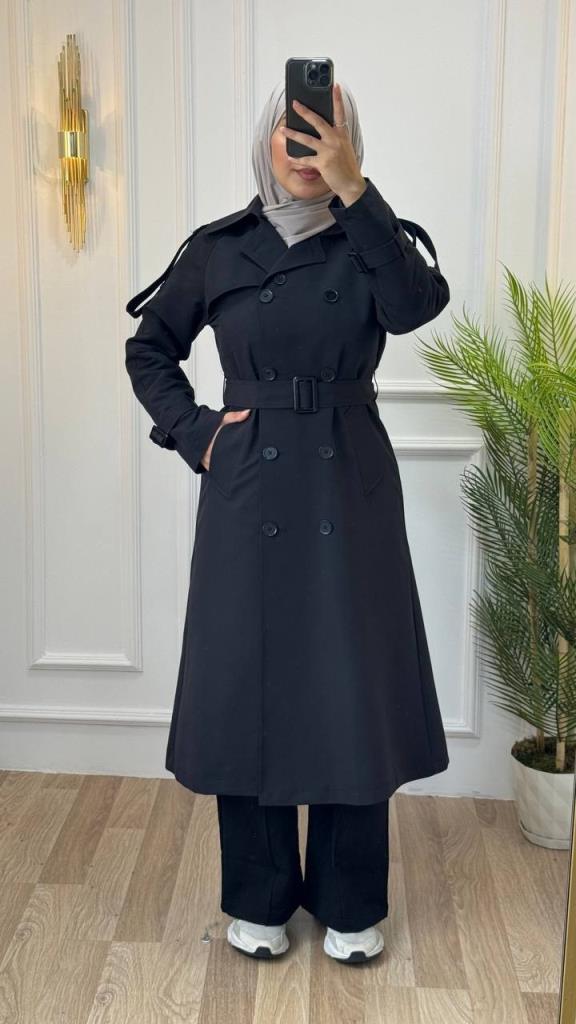 Elegant trench coat for veiled women, with a long cut and a belt, ideal for formal looks, Model 1257 - Black