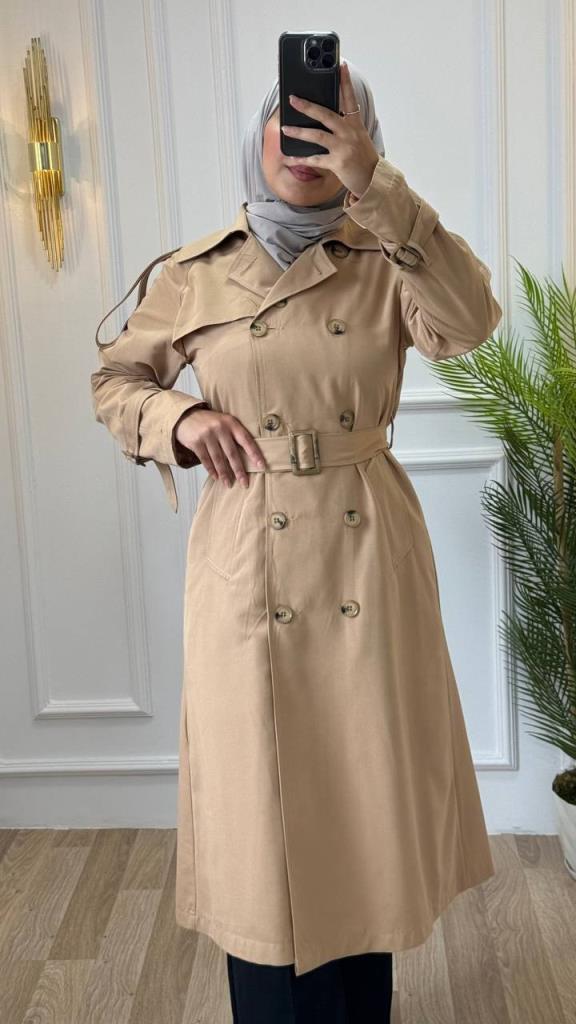 Elegant trench coat for veiled women, with a long cut and a belt, ideal for formal looks, Model 1257 - Beige