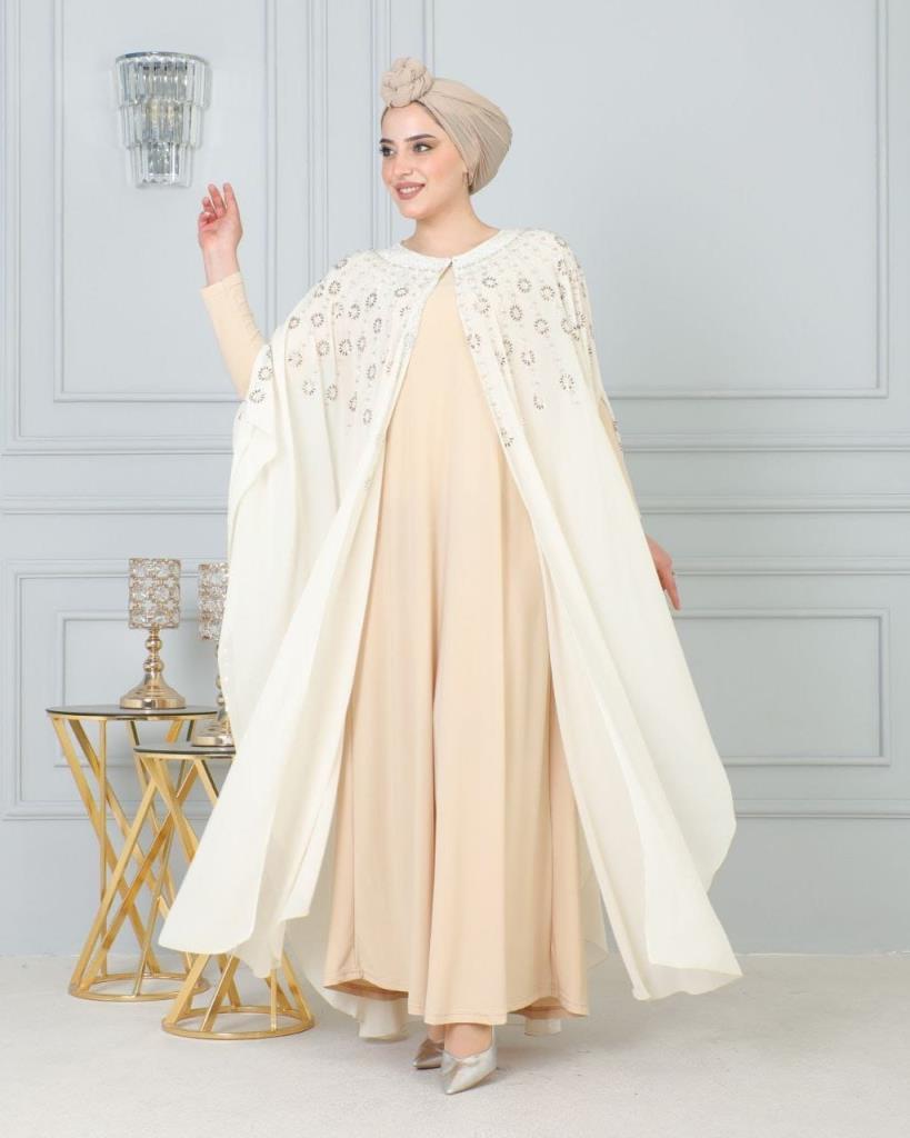 Elegant Kaftan for veiled women with a luxurious design, ideal for special occasions, model m4457. - Beige