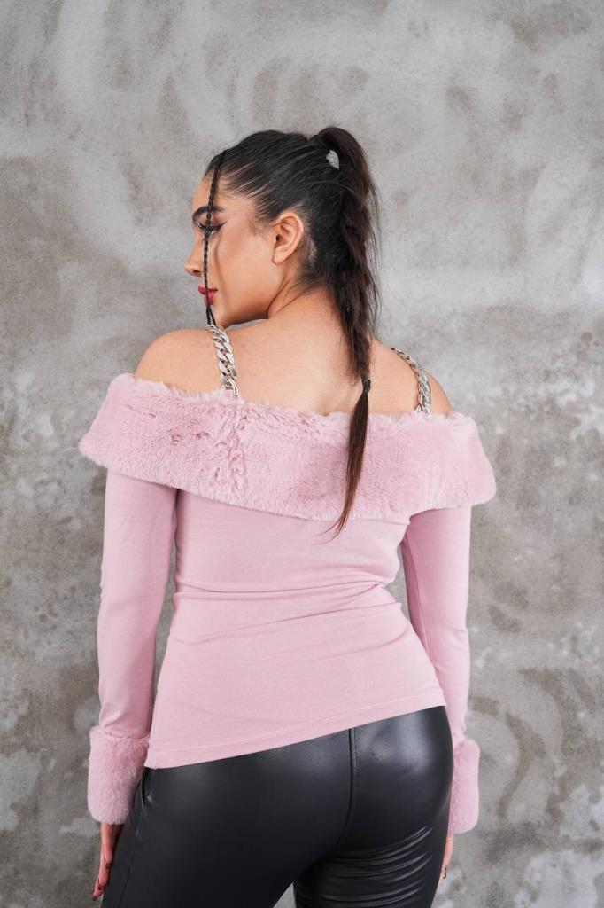 New season women's winter stylish and modern blouse with open shoulder sleeves and fur suitable for special occasions model A0072 - Pink