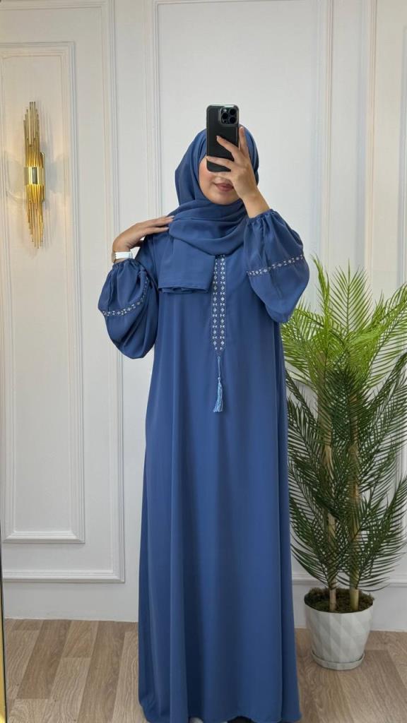 Elegant abaya with delicate embroidery on the sleeves, comes with a matching shawl for a practical and modest look, model A0535 - Light Blue