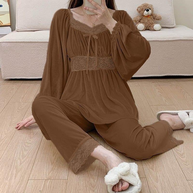 yeni sezonlu kadın kışlık ev alt üst pijama şık ve rahat kesim model A1442 - KAHVE RENGİ