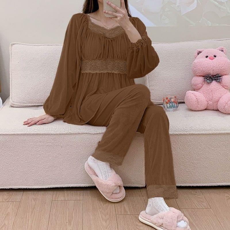 New season women's winter home bottom top pajamas stylish and comfortable cut model A1442 - Brown