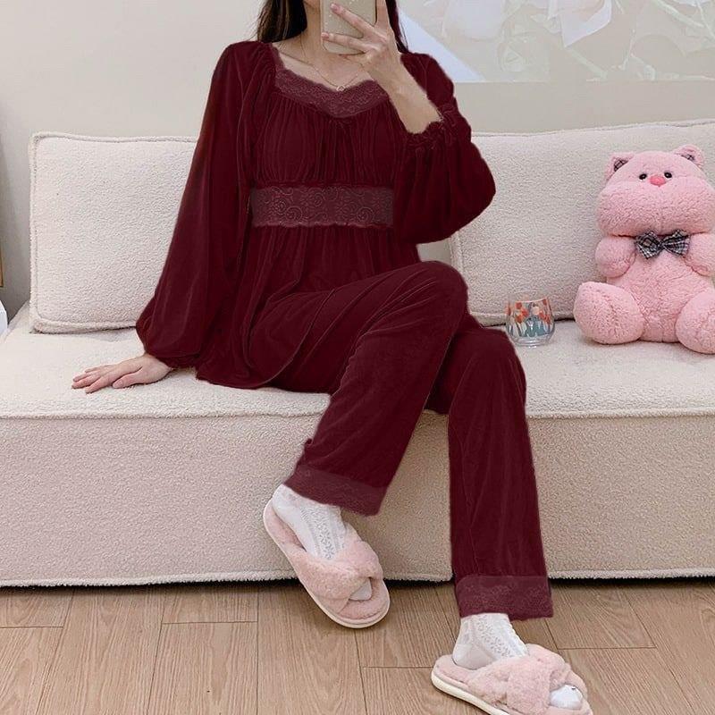 New season women's winter home bottom top pajamas stylish and comfortable cut model A1442 - Burgundy