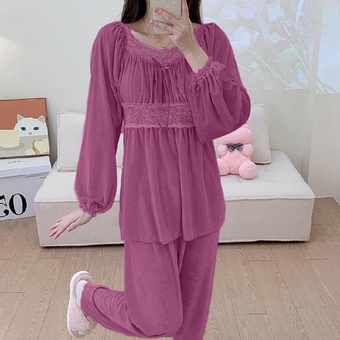 New season women's winter home bottom top pajamas stylish and comfortable cut model A1442 - Pink