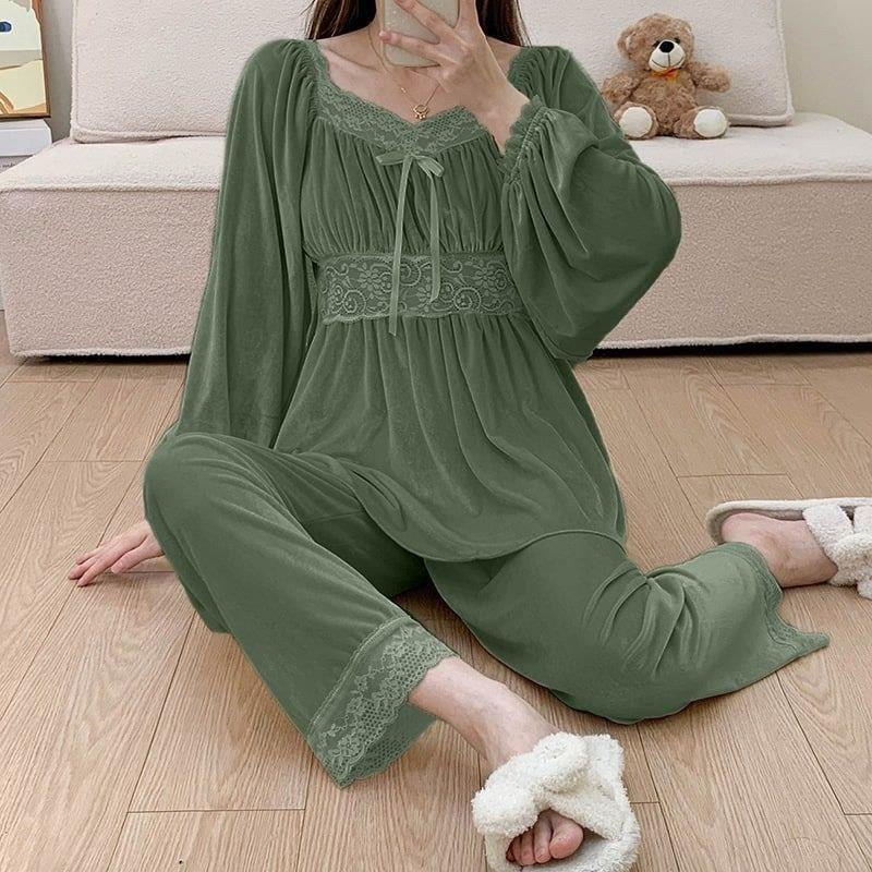 New season women's winter home bottom top pajamas stylish and comfortable cut model A1442 - Green