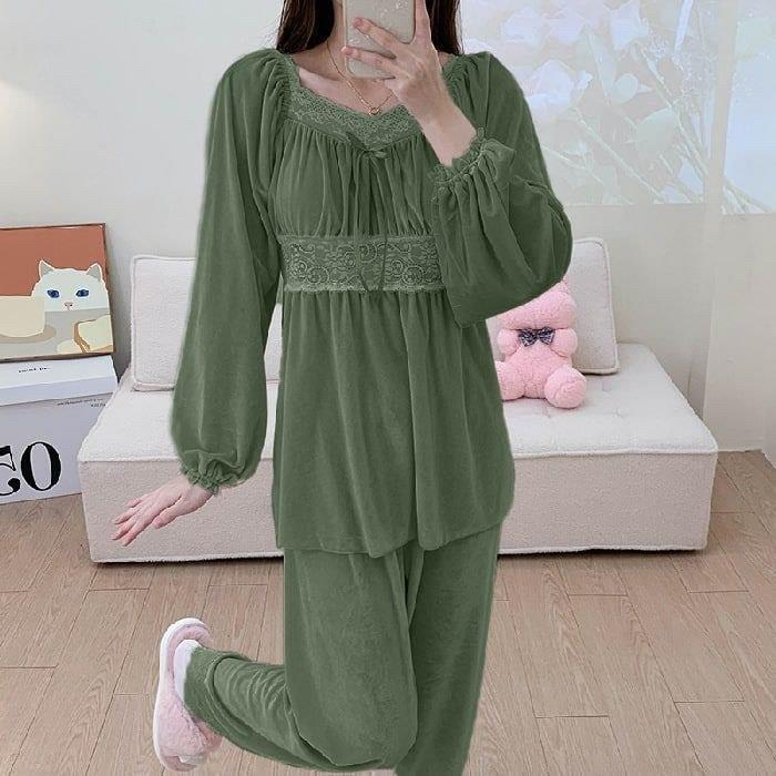 New season women's winter home bottom top pajamas stylish and comfortable cut model A1442 - Green