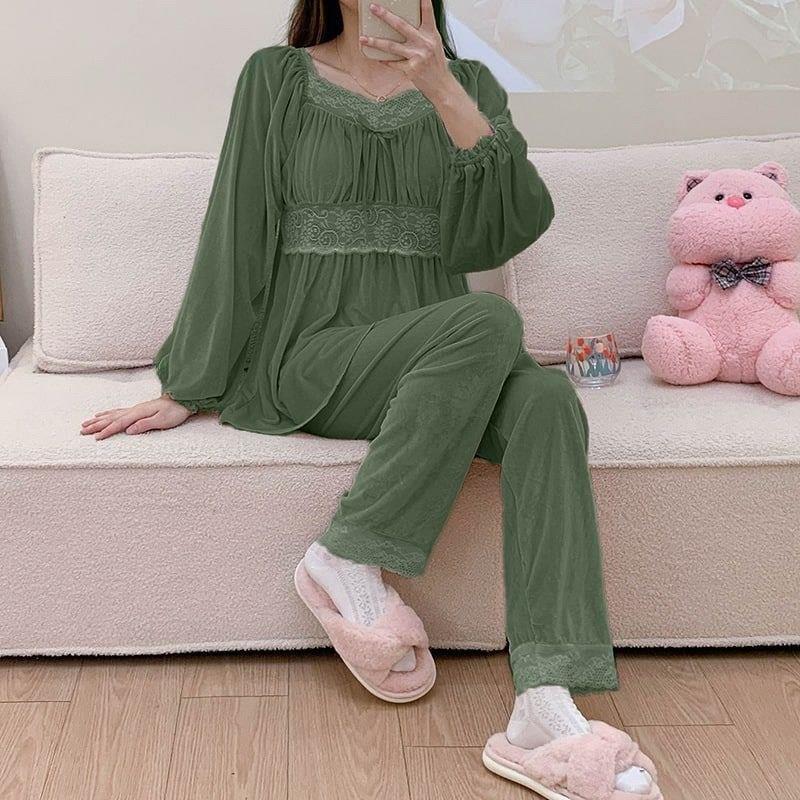 New season women's winter home bottom top pajamas stylish and comfortable cut model A1442 - Green