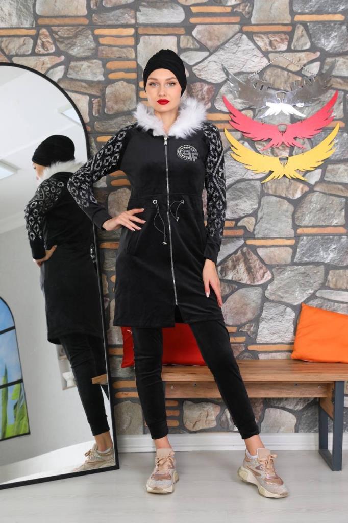 New season women's winter stylish and modern home pajamas bottom and top set model 9272 - Black