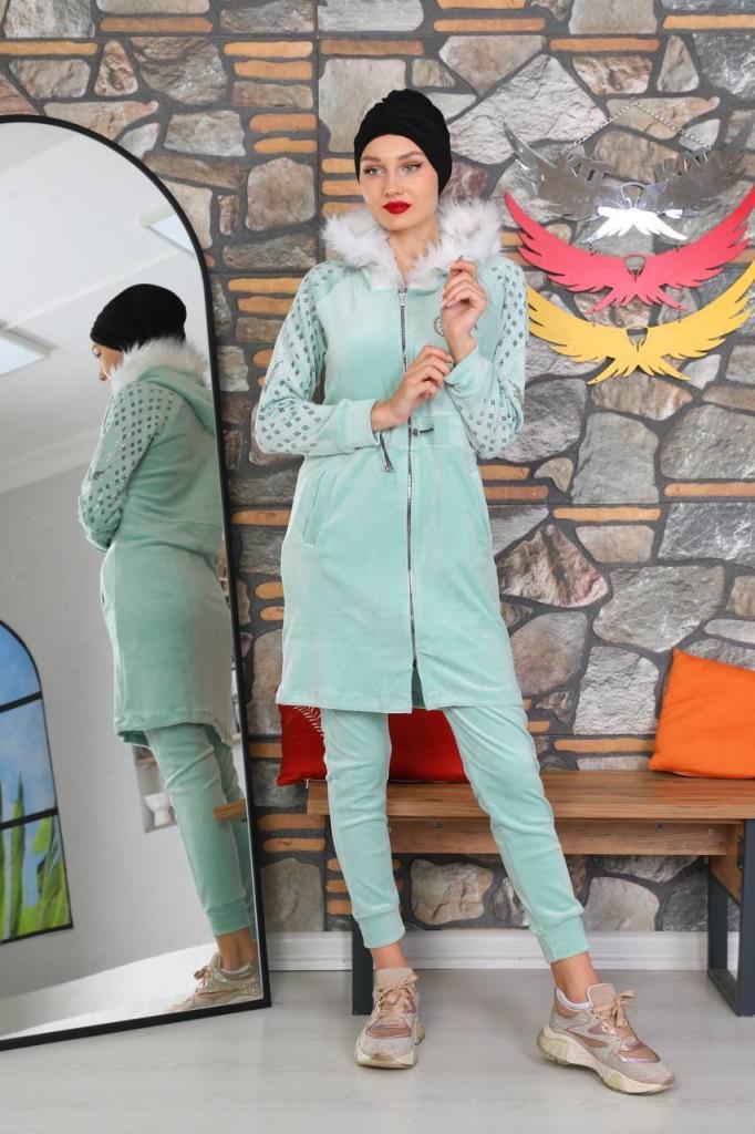 New season women's winter stylish and modern home pajamas bottom and top set model 9272 - Green