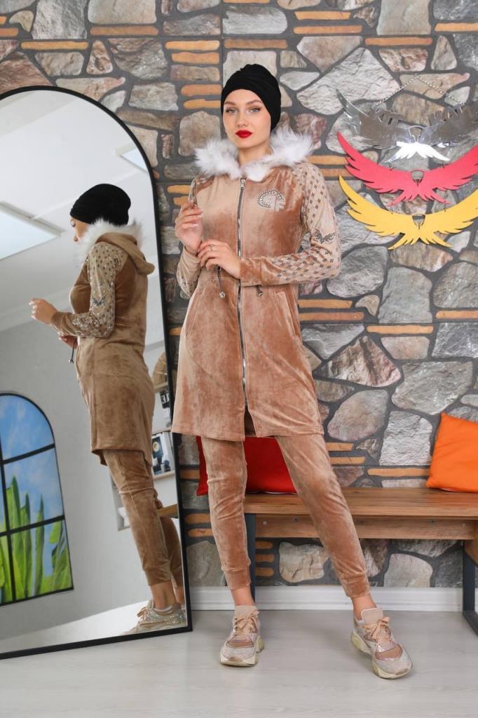 New season women's winter stylish and modern home pajamas bottom and top set model 9272 - Tan