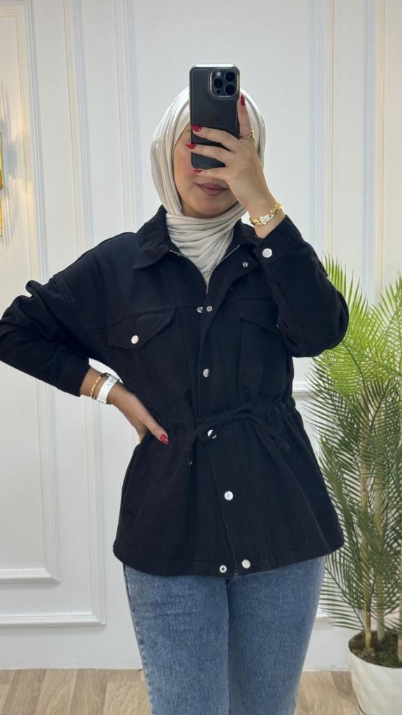 Denim jacket for veiled women, suitable for spring, easy to coordinate with any clothes and adds a wonderful touch to your daily look, model G02390 - Black