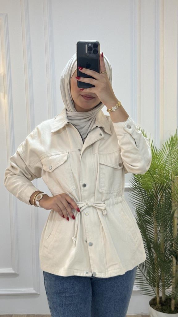 Denim jacket for veiled women, suitable for spring, easy to coordinate with any clothes and adds a wonderful touch to your daily look, model G02390 - EKRU