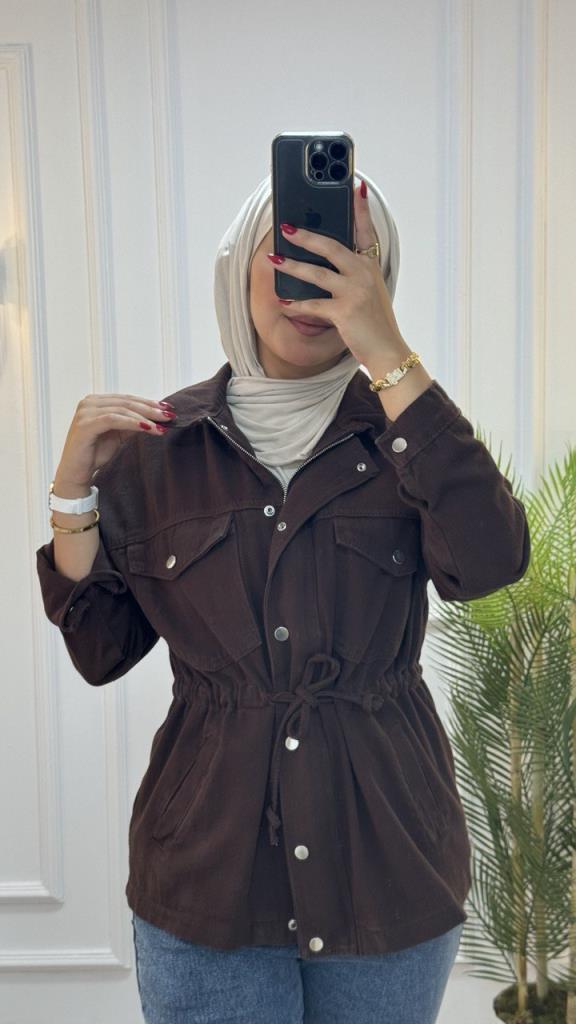 Denim jacket for veiled women, suitable for spring, easy to coordinate with any clothes and adds a wonderful touch to your daily look, model G02390 - Brown