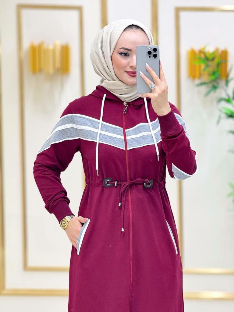 Long cotton jacket for veiled women, provides comfort and elegance in your daily looks, model A0276 - Burgundy