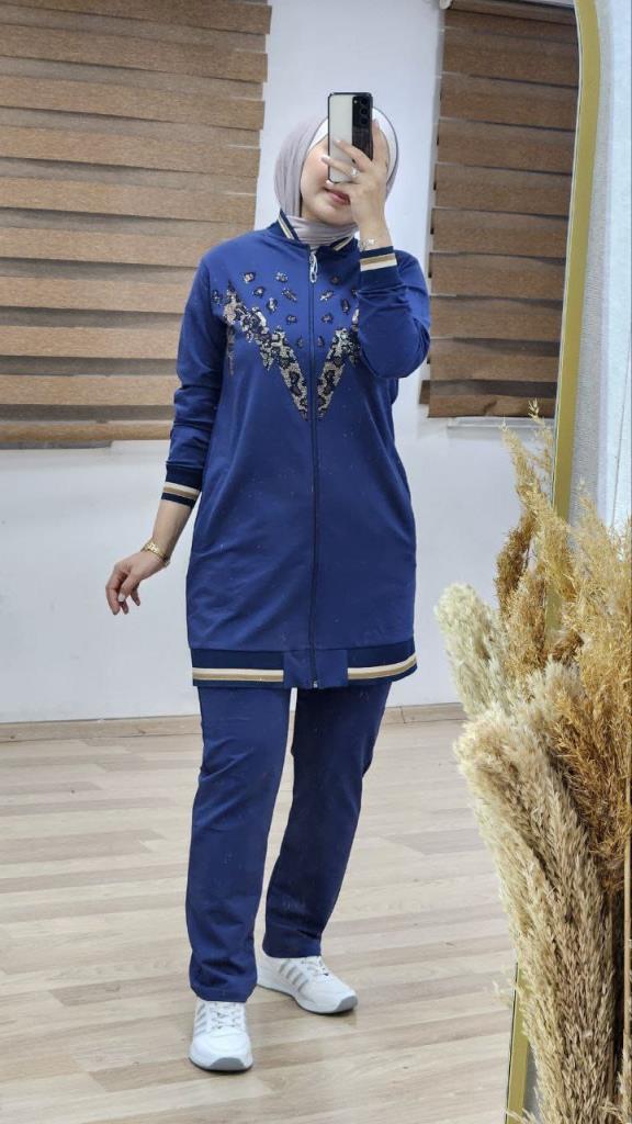 Elegant pajamas for veiled women with a distinctive design, equipped with a front zipper for easy wearing G0407 - Navy Blue