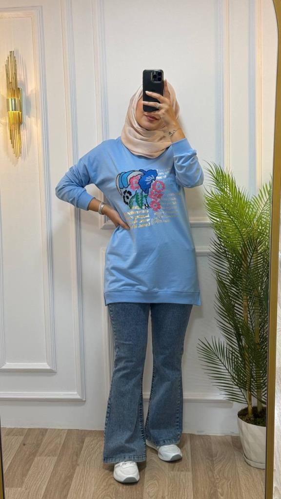 Long summer blouse for veiled women, model G0510 - Light Blue