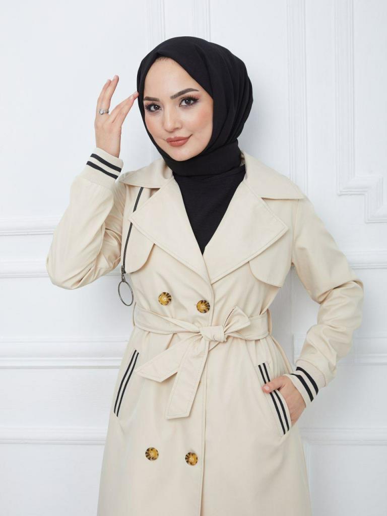 Multi-colored elegant trench coat for veiled women, model G0534 - Ecru