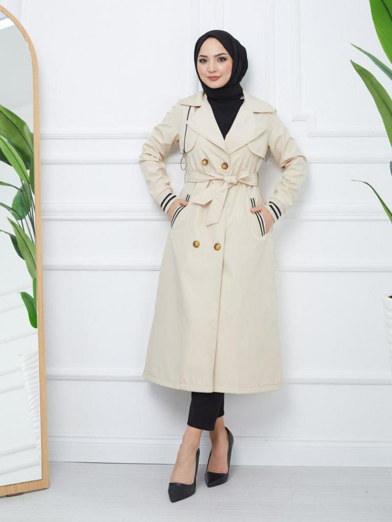 Multi-colored elegant trench coat for veiled women, model G0534 - EKRU