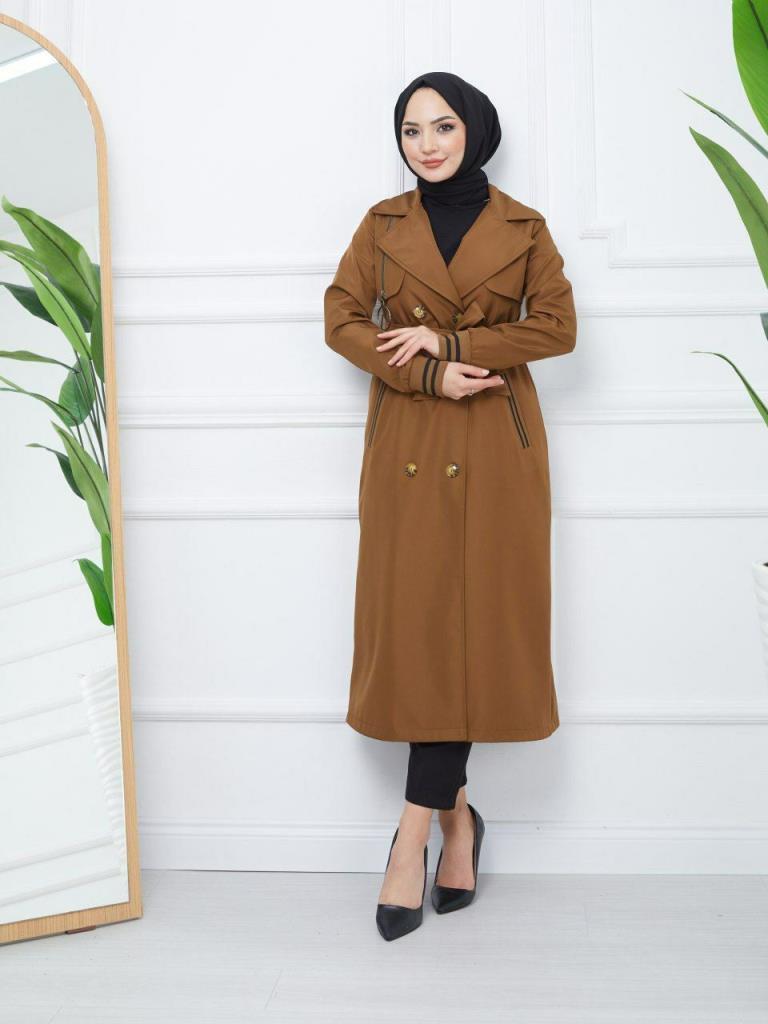 Multi-colored elegant trench coat for veiled women, model G0534 - AÇIK KAHVE