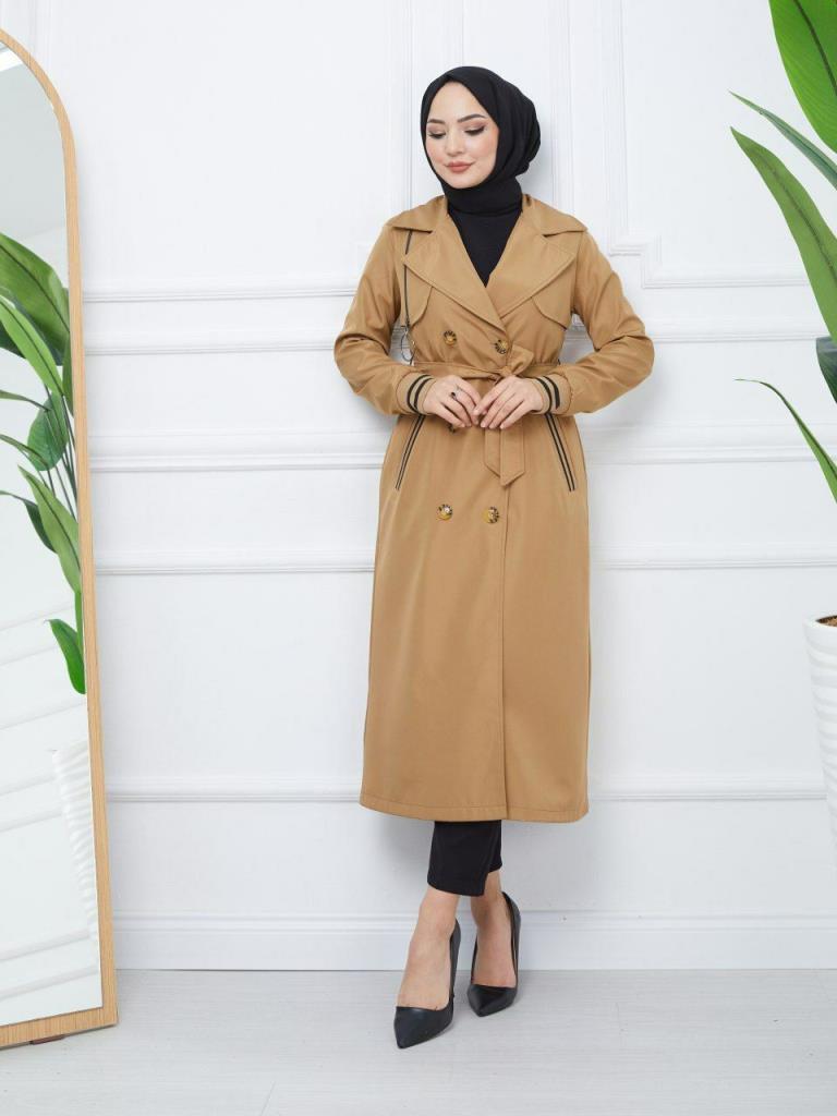 Multi-colored elegant trench coat for veiled women, model G0534 - Light Brown