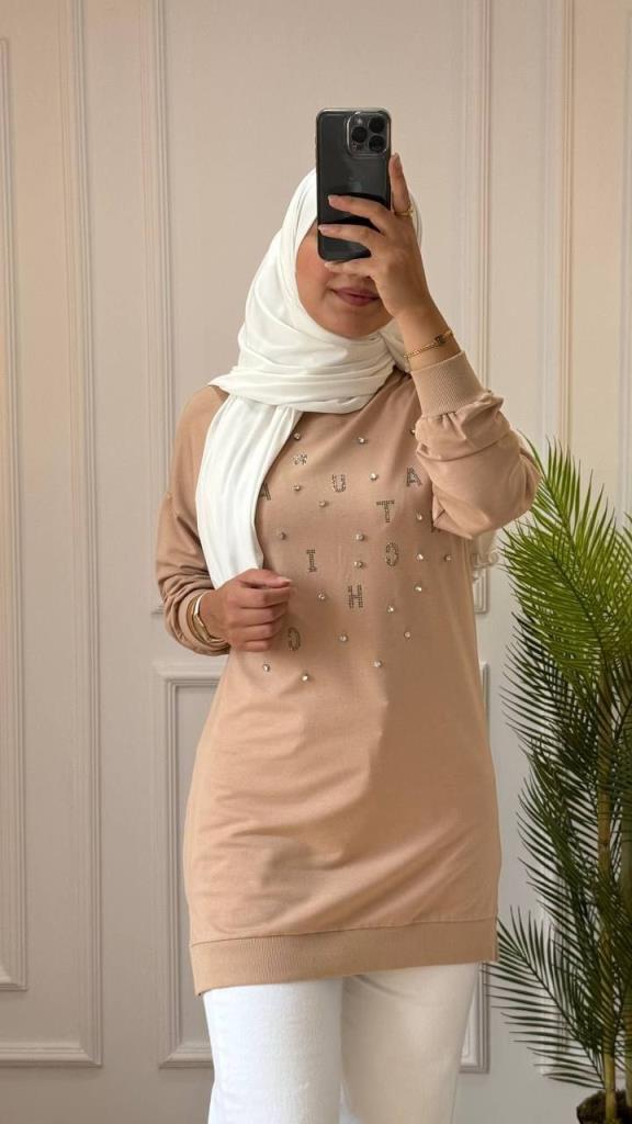 Long summer cotton blouse for veiled women, model G0569 - Beige