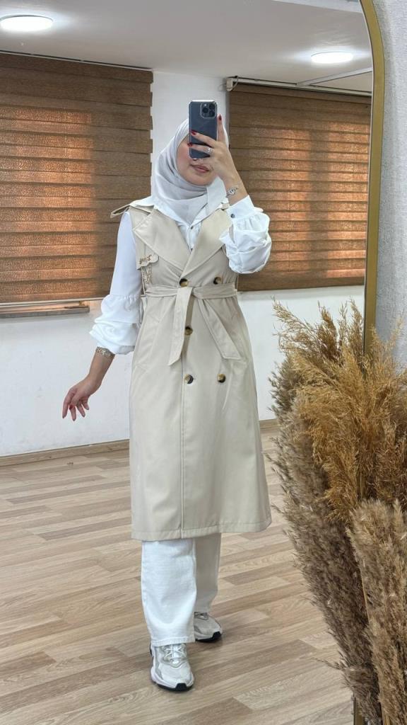 Trench coat with shirt for summer season for veiled women, model G0593 - EKRU