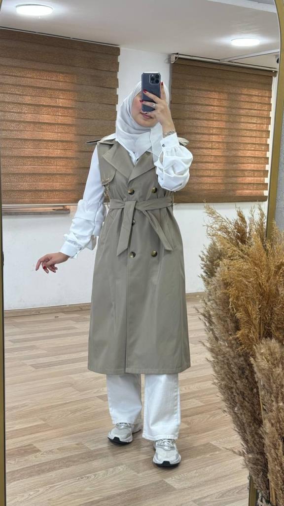 Trench coat with shirt for summer season for veiled women, model G0593 - Tan