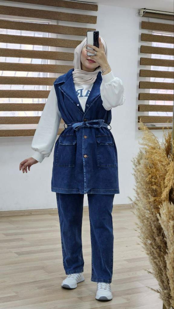 Navy and blue jeans set with a blouse for veiled women, summer season, model G0596 - Navy Blue