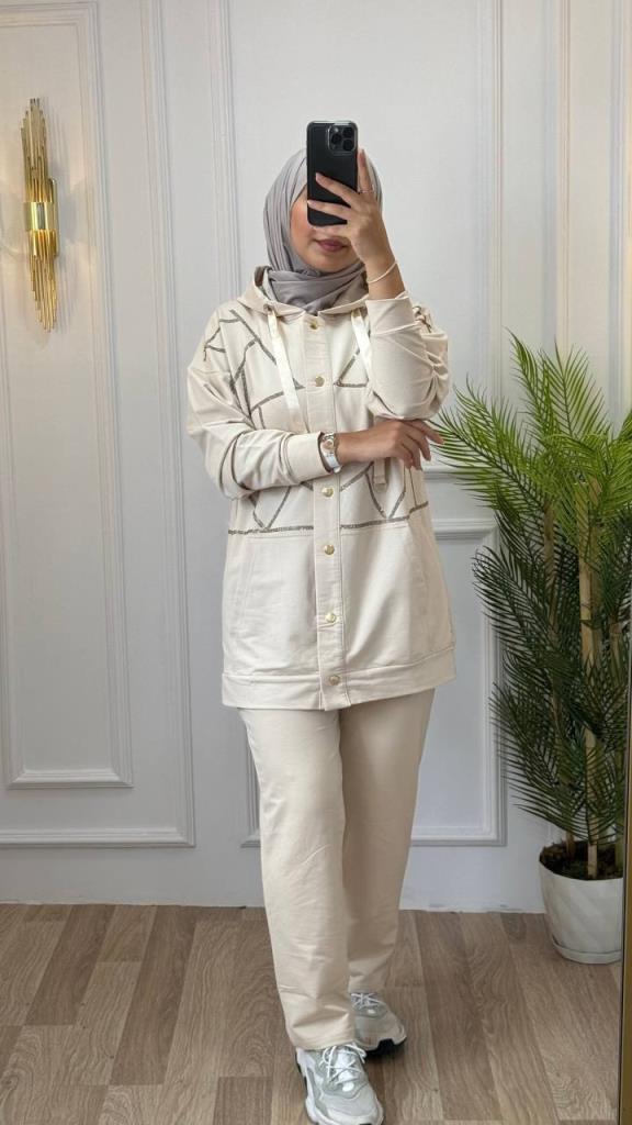 Elegant pajama set for veiled women, ideal for daily outings, model G0825 - Ecru