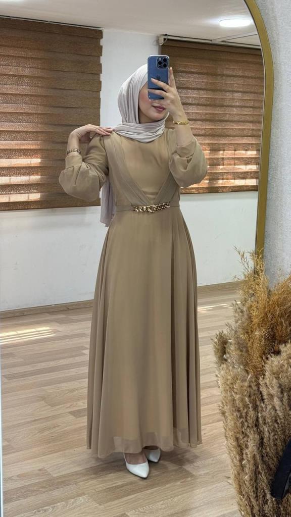 Chiffon dress for veiled women, ideal for special occasions with an elegant look, model G0936 - Beige