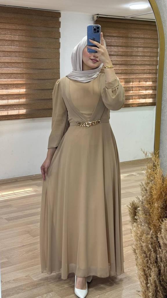 Chiffon dress for veiled women, ideal for special occasions with an elegant look, model G0936 - Beige