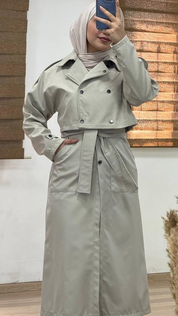 2 Piece Trench Coat Set for Veiled Women ModelG0958 - Beige