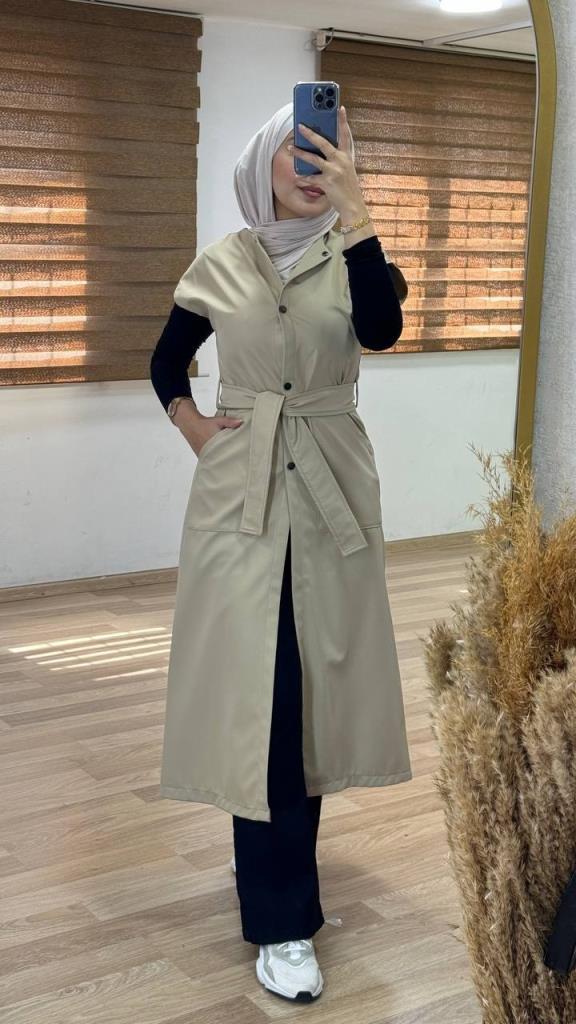 2 Piece Trench Coat Set for Veiled Women Mohail G0958 - Light Brown