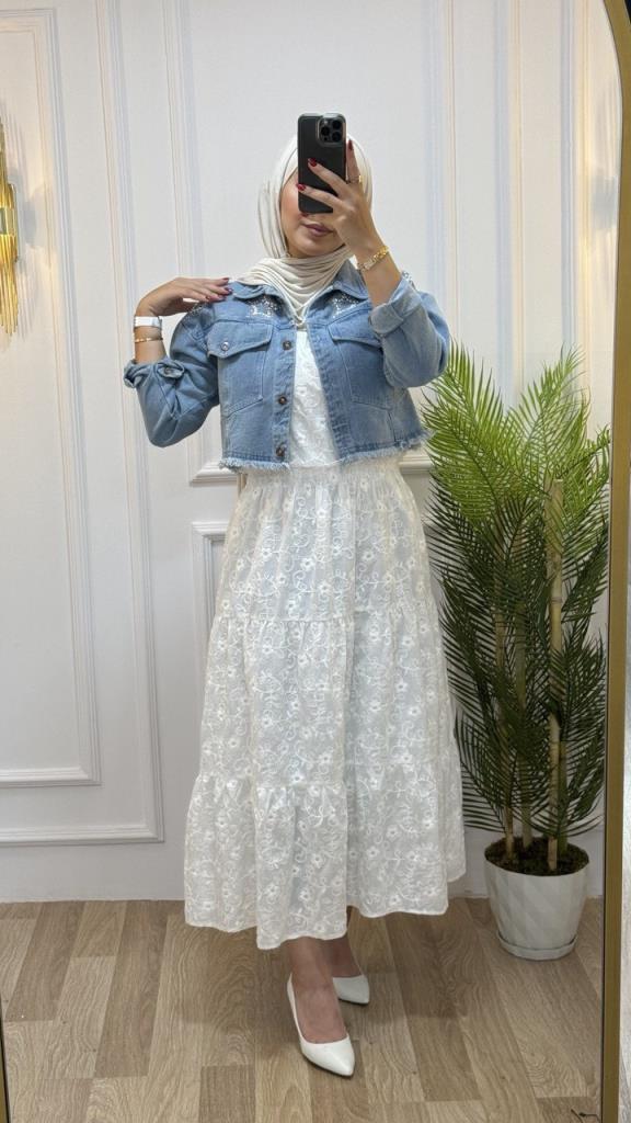 Lace dress with jeans jacket for veiled women, spring season, model G0976 - BEYAZ