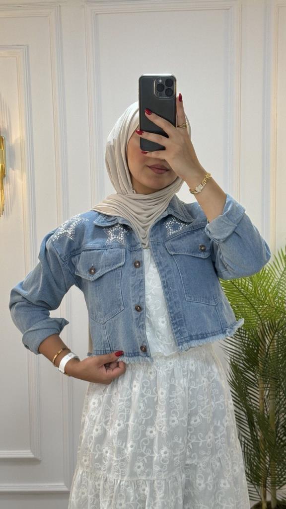 Lace dress with jeans jacket for veiled women, spring season, model G0976 - BEYAZ