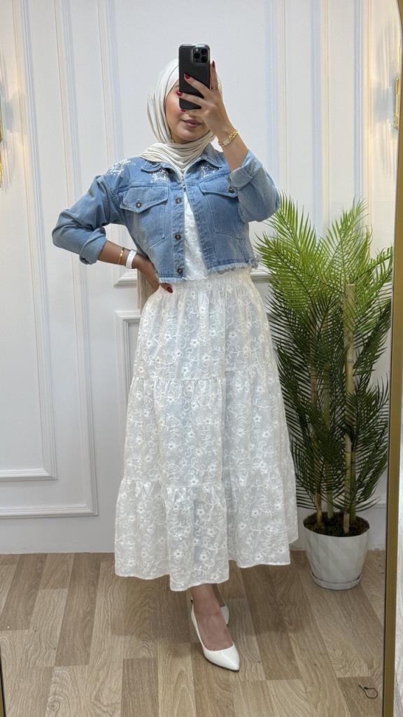 Lace dress with jeans jacket for veiled women, spring season, model G0976 - BEYAZ