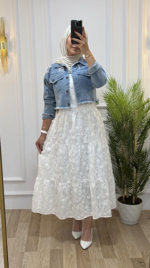 Lace dress with jeans jacket for veiled women, spring season, model G0976 - BEYAZ