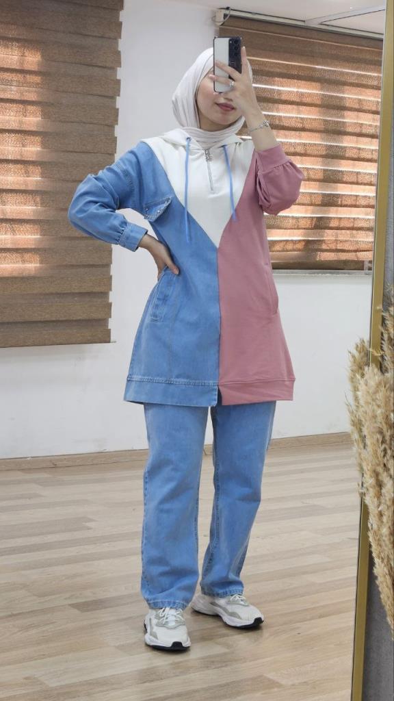 Two-piece cotton and jeans set for veiled women, multi-colored, model G0984 - PEMBE