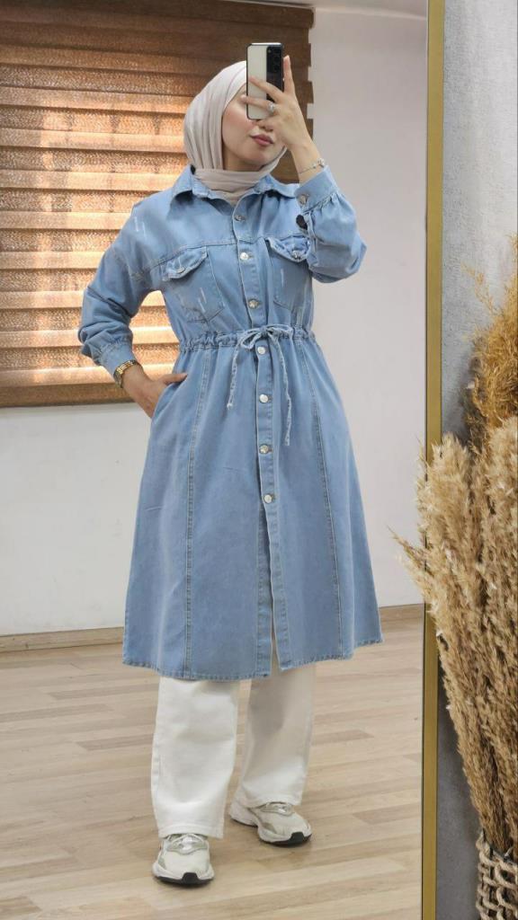 Trench coat jeans jacket for veiled women, model G0985 - MAVİ